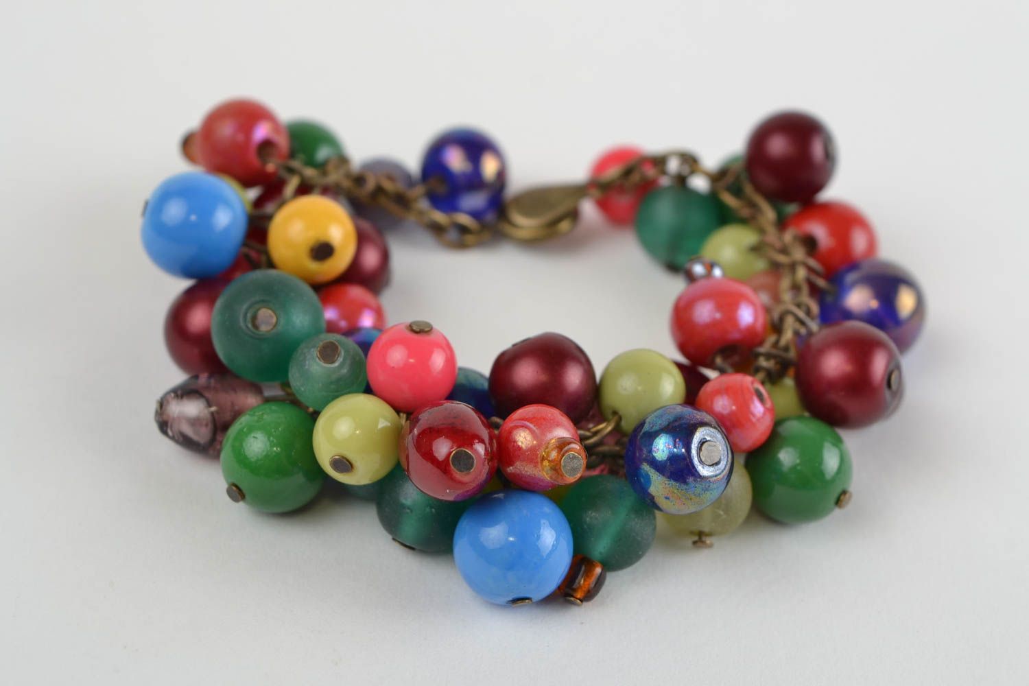 Handmade metal chain wrist bracelet with colorful glass and jadeite beads photo 1