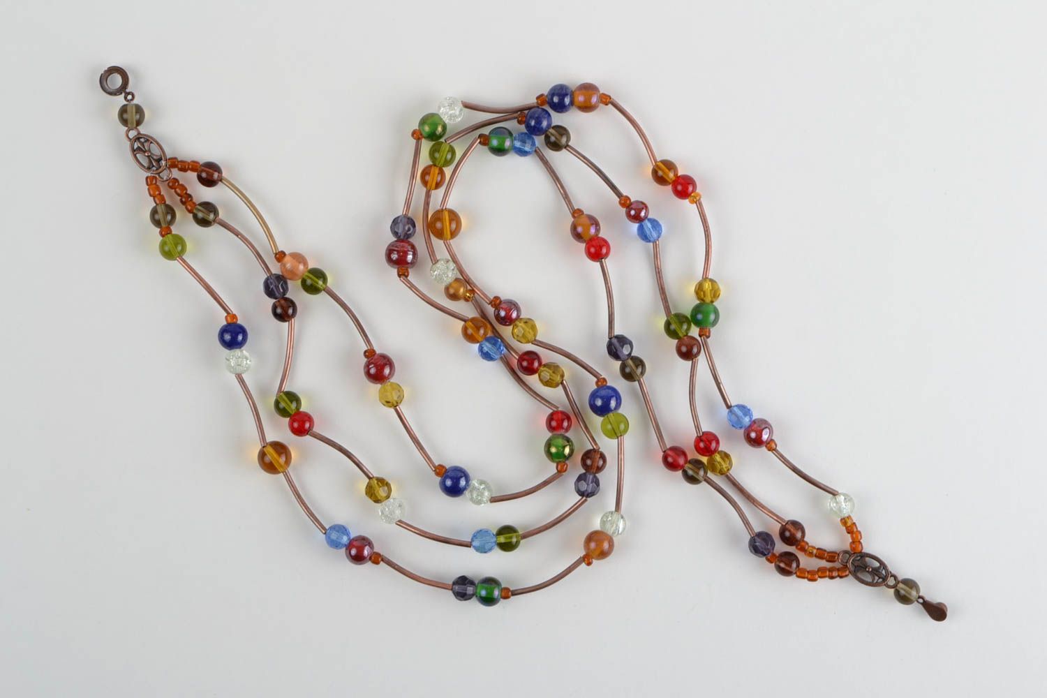 Handmade long multi row colorful designer beaded necklace with metal elements photo 3