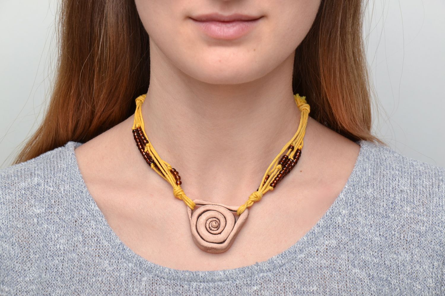 Handmade ceramic neck pendant with beads photo 5