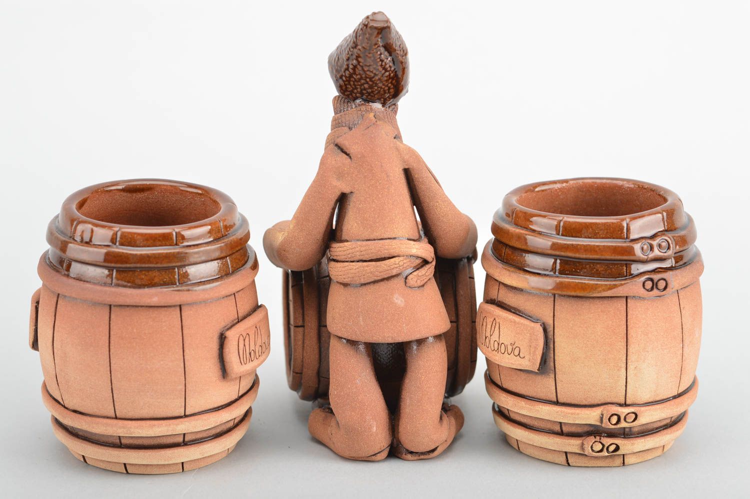 Beautiful brown handmade designer ceramics set clay figurine and 2 glasses photo 5