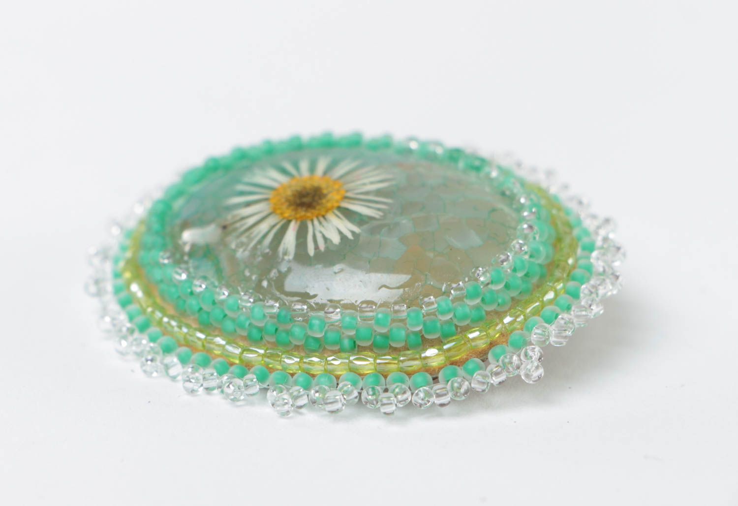 Broche ovale verte avec fleur naturelle agate perles de rocaille faite main photo 3
