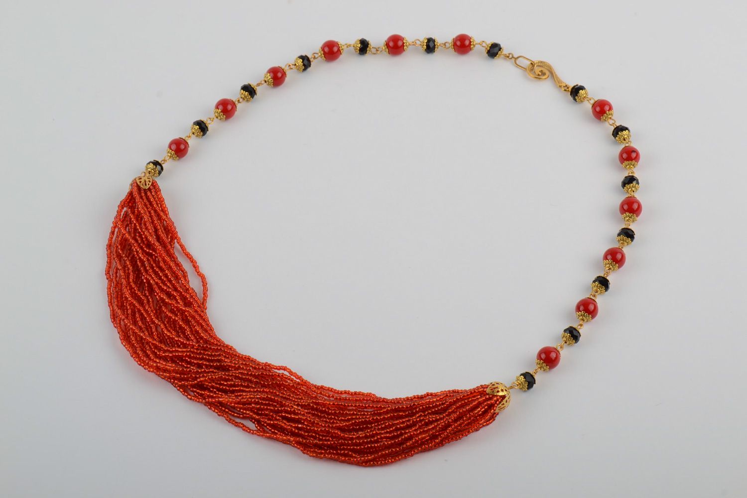 Handmade multi row necklace woven of Czech and wooden beads of red and black colors photo 1