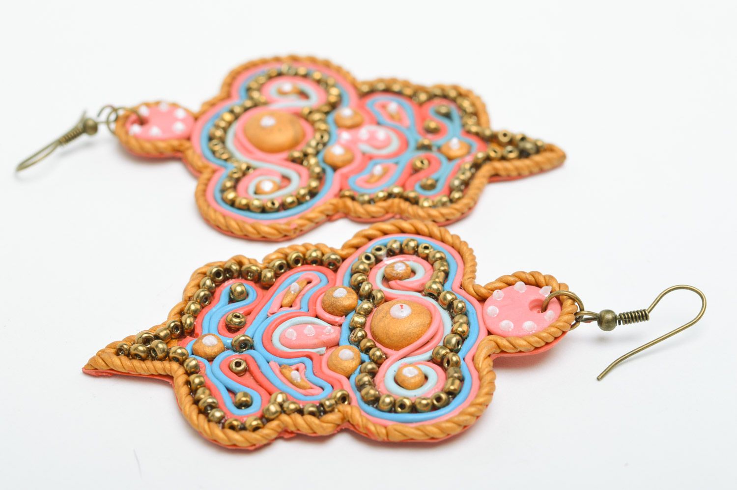 Large massive handmade earrings made of polymer clay in soutache style photo 4