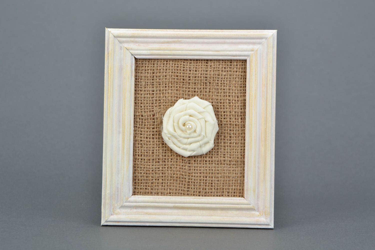 Handmade small burlap wall panel with fabric rose in white wooden frame photo 3