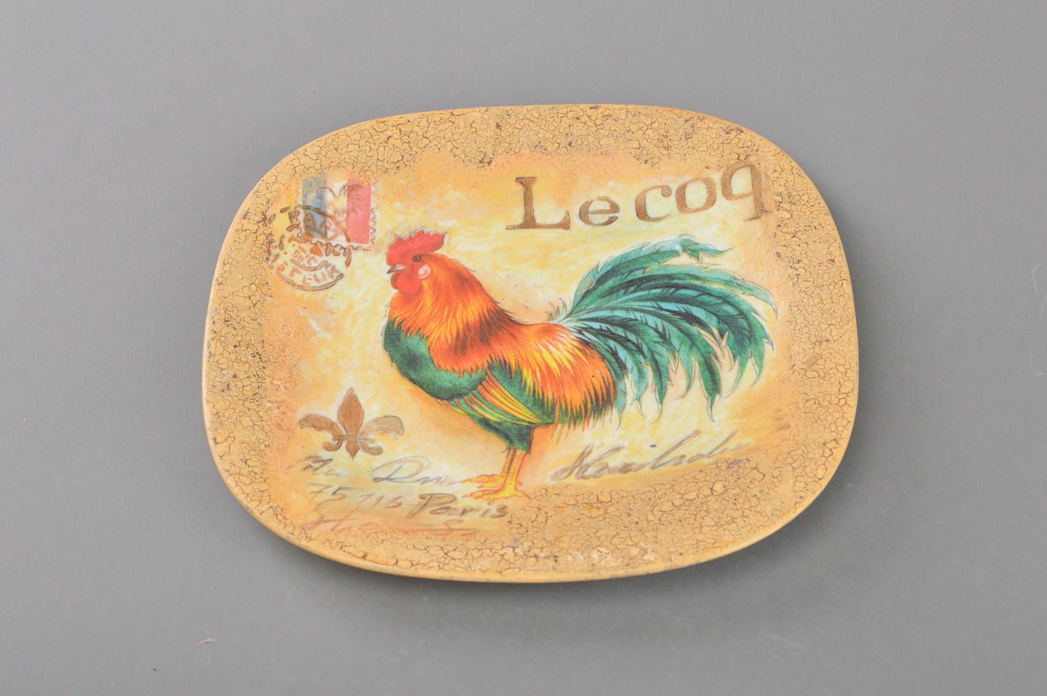 Handmade decorative round designer decoupage glass plate with image of cockerel photo 1