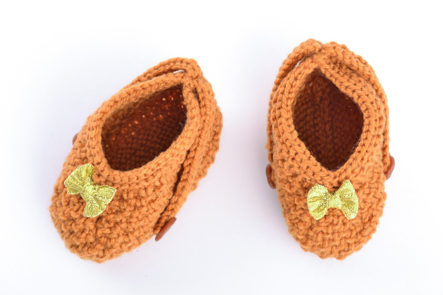 Handmade warm baby booties knitted of wool of light brown color for little girl photo 5