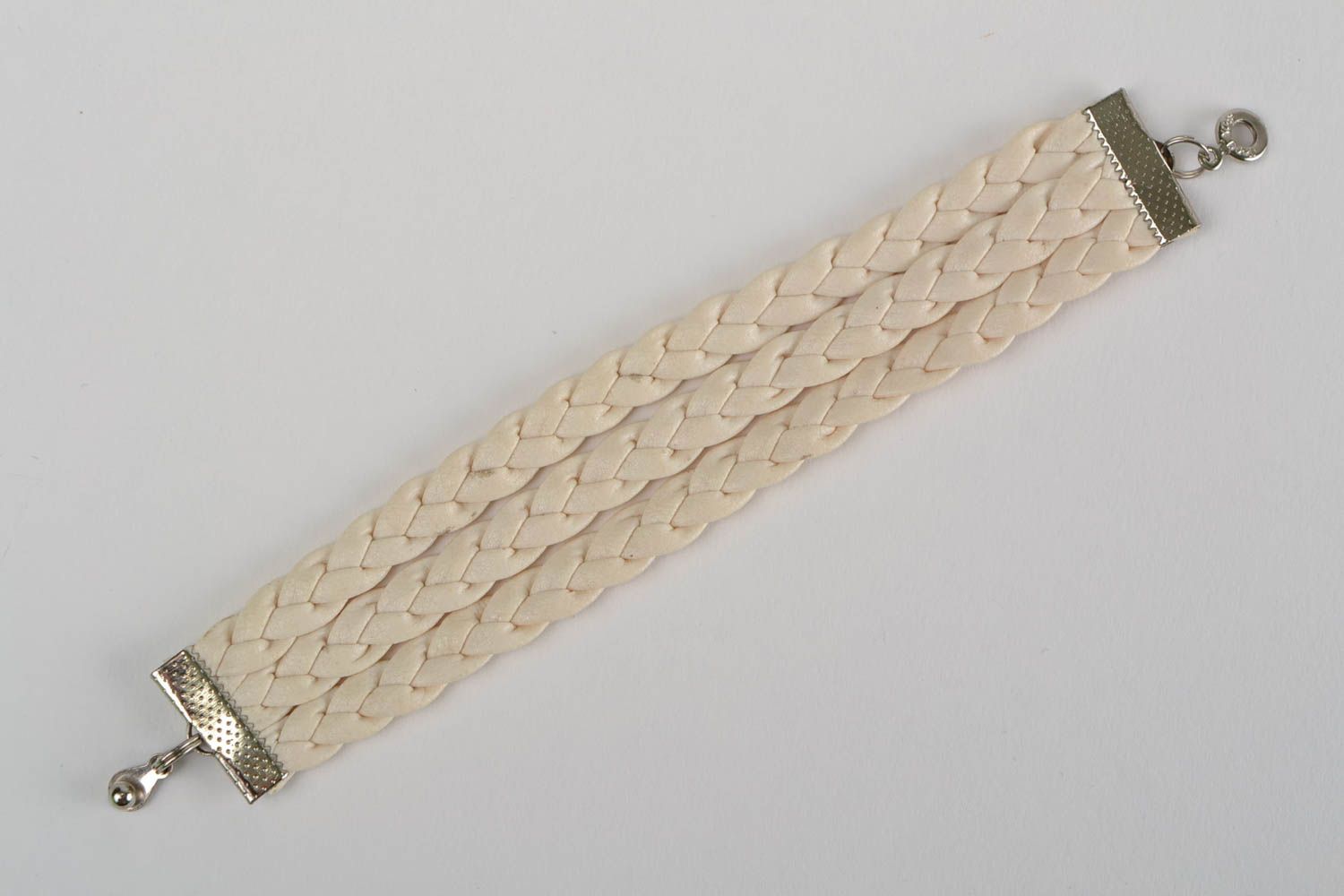 Beautiful handmade wide braided faux leather wrist bracelet of light color photo 5