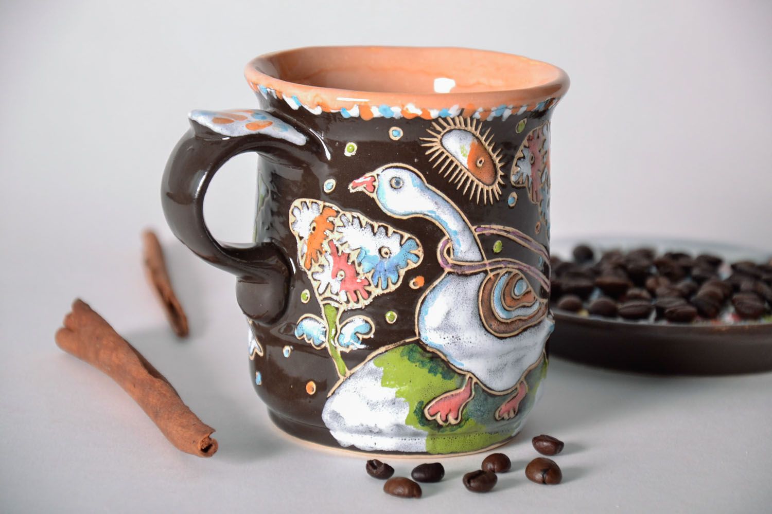 Decorative art glazed coffee mug with handle and funny goose pattern photo 1