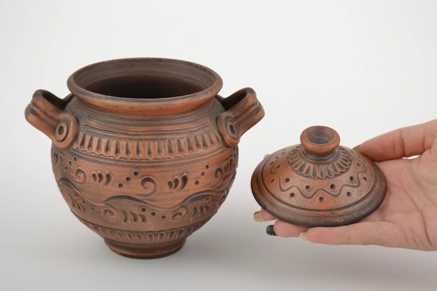 Small handmade designer ceramic pot for roasting molded of gray clay 300 ml photo 2