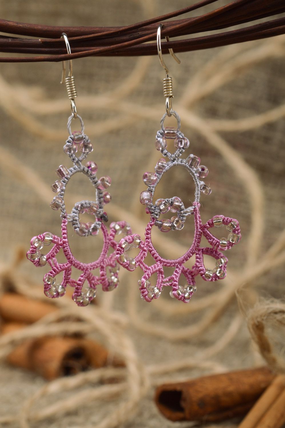 Beautiful lacy handmade woven tatting earrings of violet color photo 1