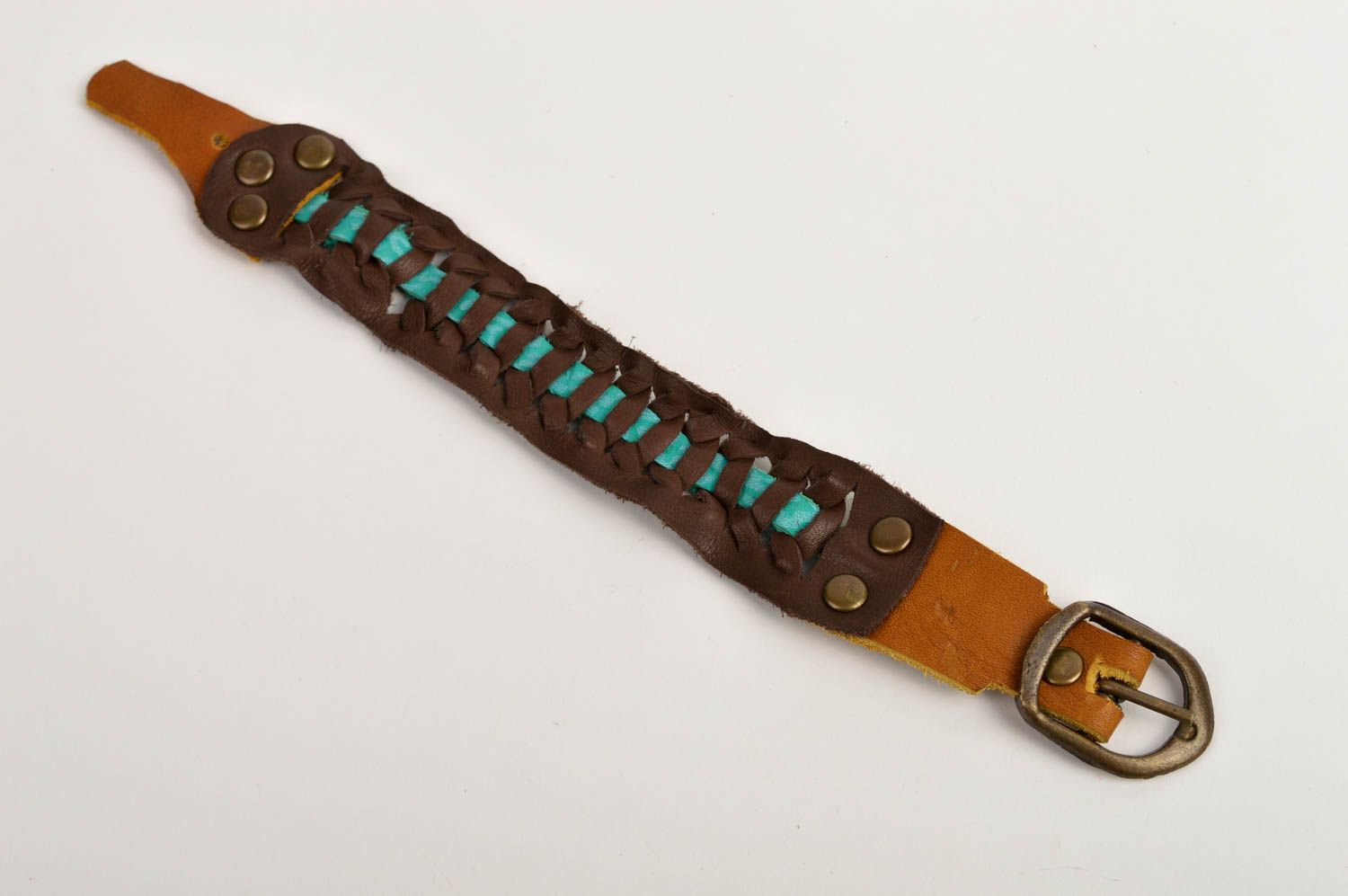 Bracelet design Bijou fait main large vrai cuir marron-turquoise Cadeau original photo 3