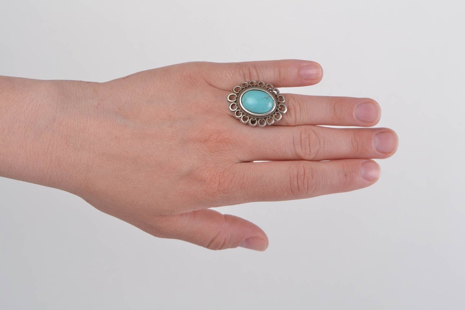 Handmade vintage metal lace ring with natural stone photo 1