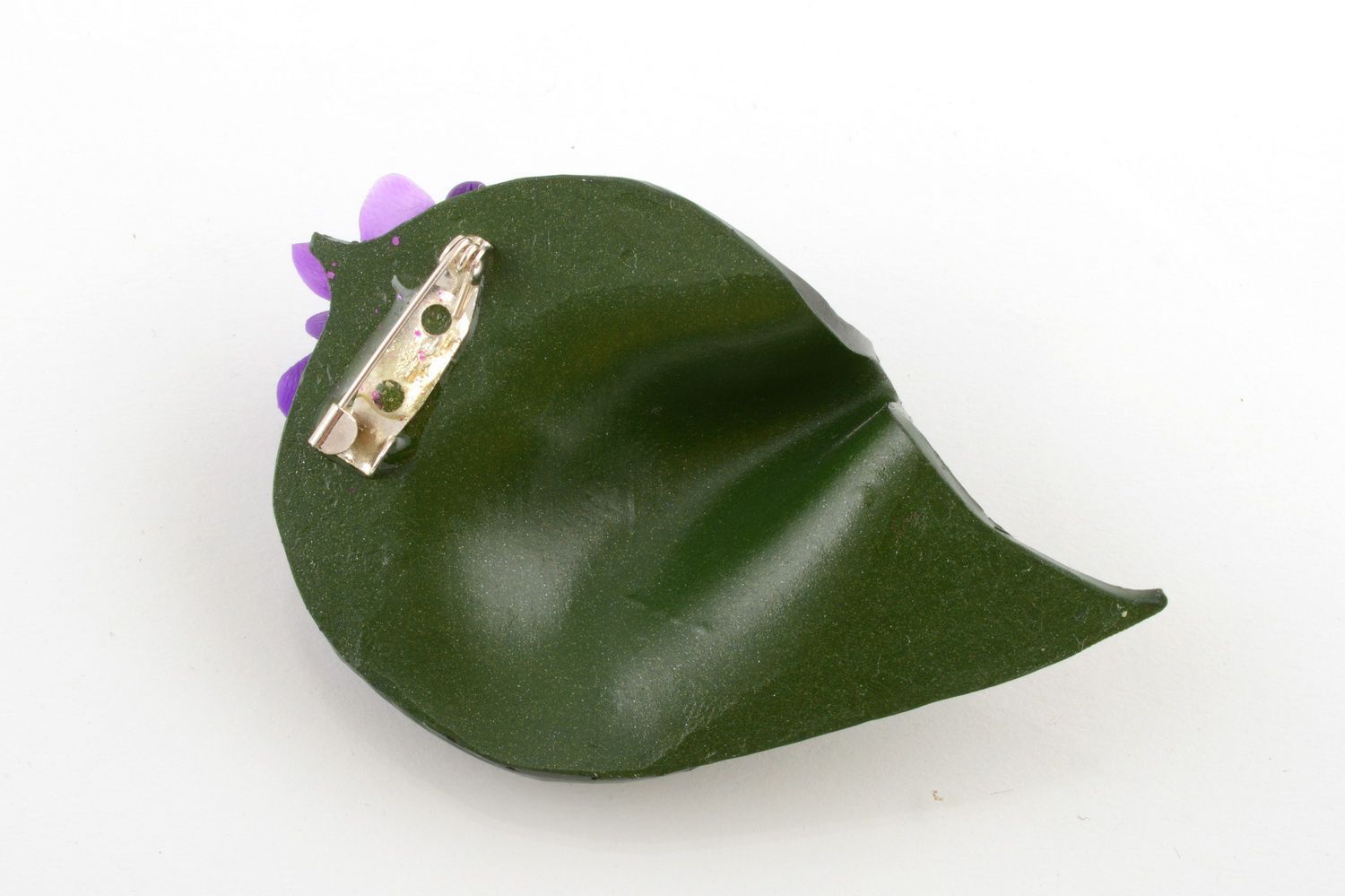 Handmade brooch made of polymer clay in shape of green leaf with flowers photo 3