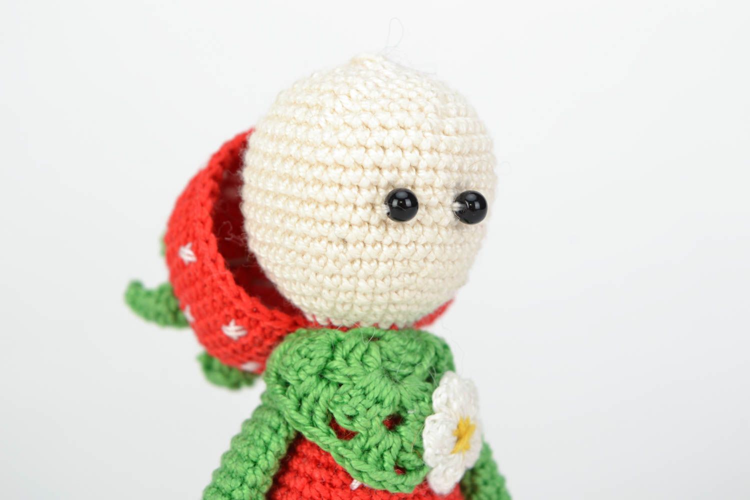 Beautiful handmade crochet cotton toy Girl in strawberry costume photo 5
