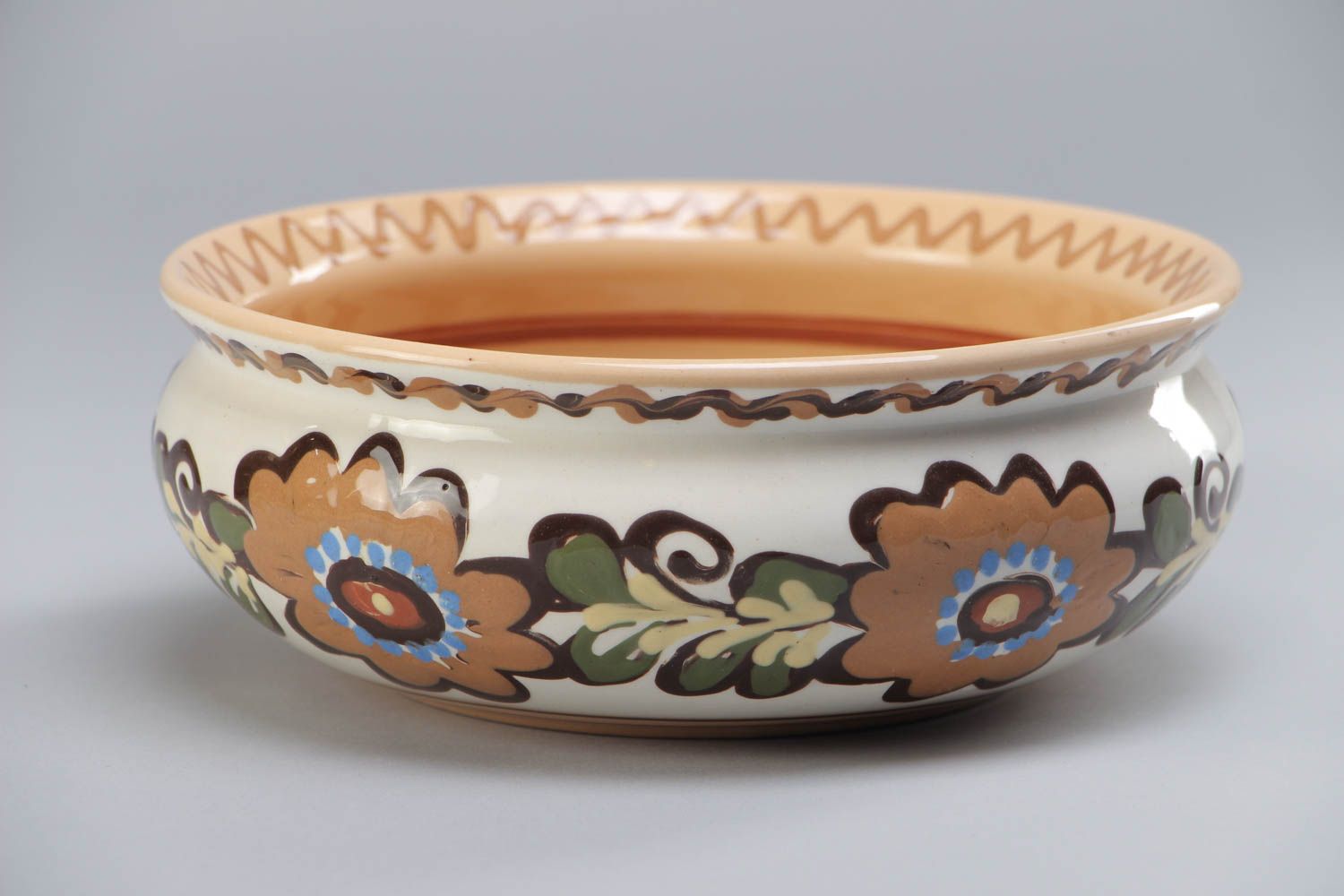 Handmade designer ceramic bowl for 1.3 l painted with colorful glaze with flowers photo 2