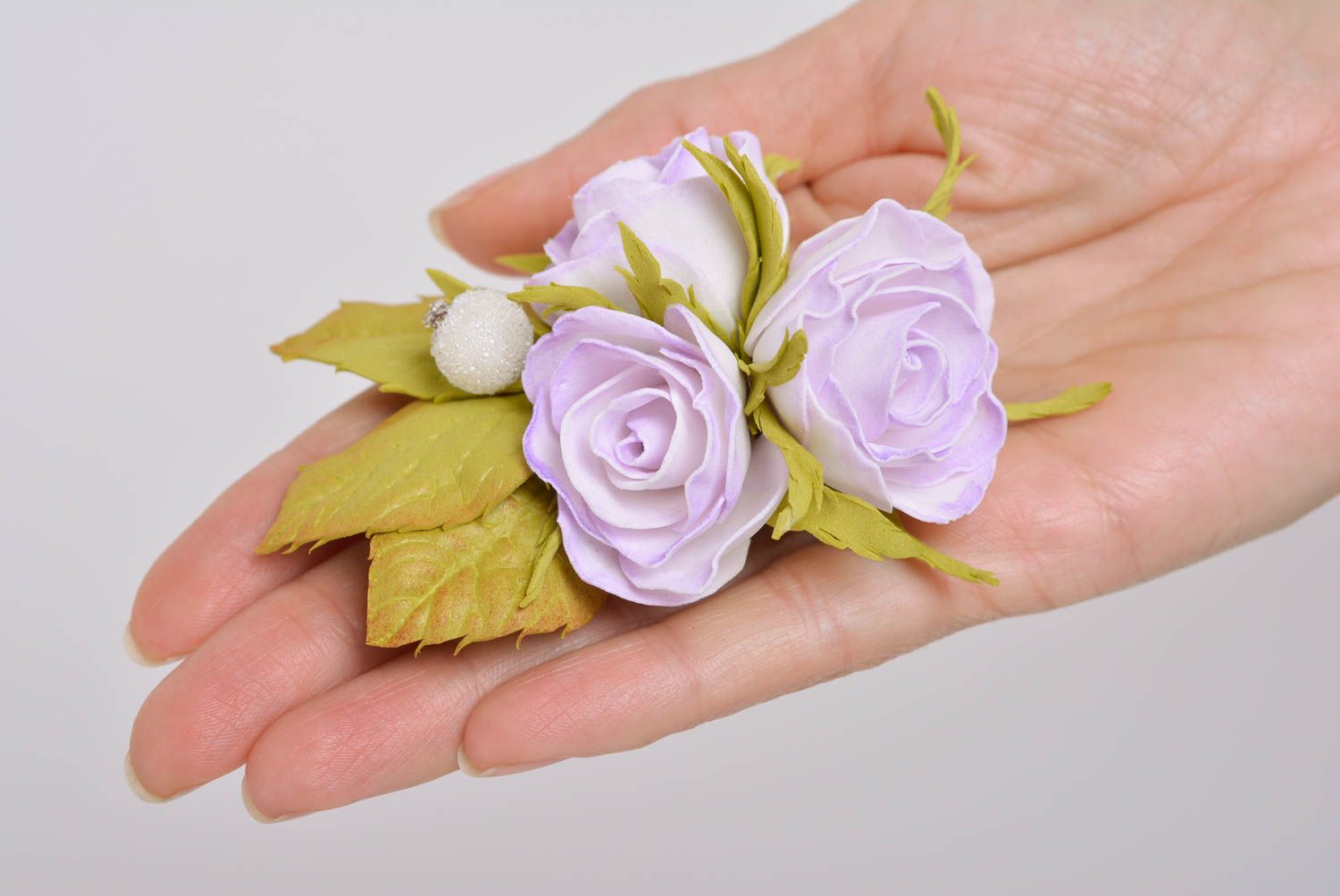 Tender hair clip with three handmade magnificent volume violet foamiran flowers photo 3