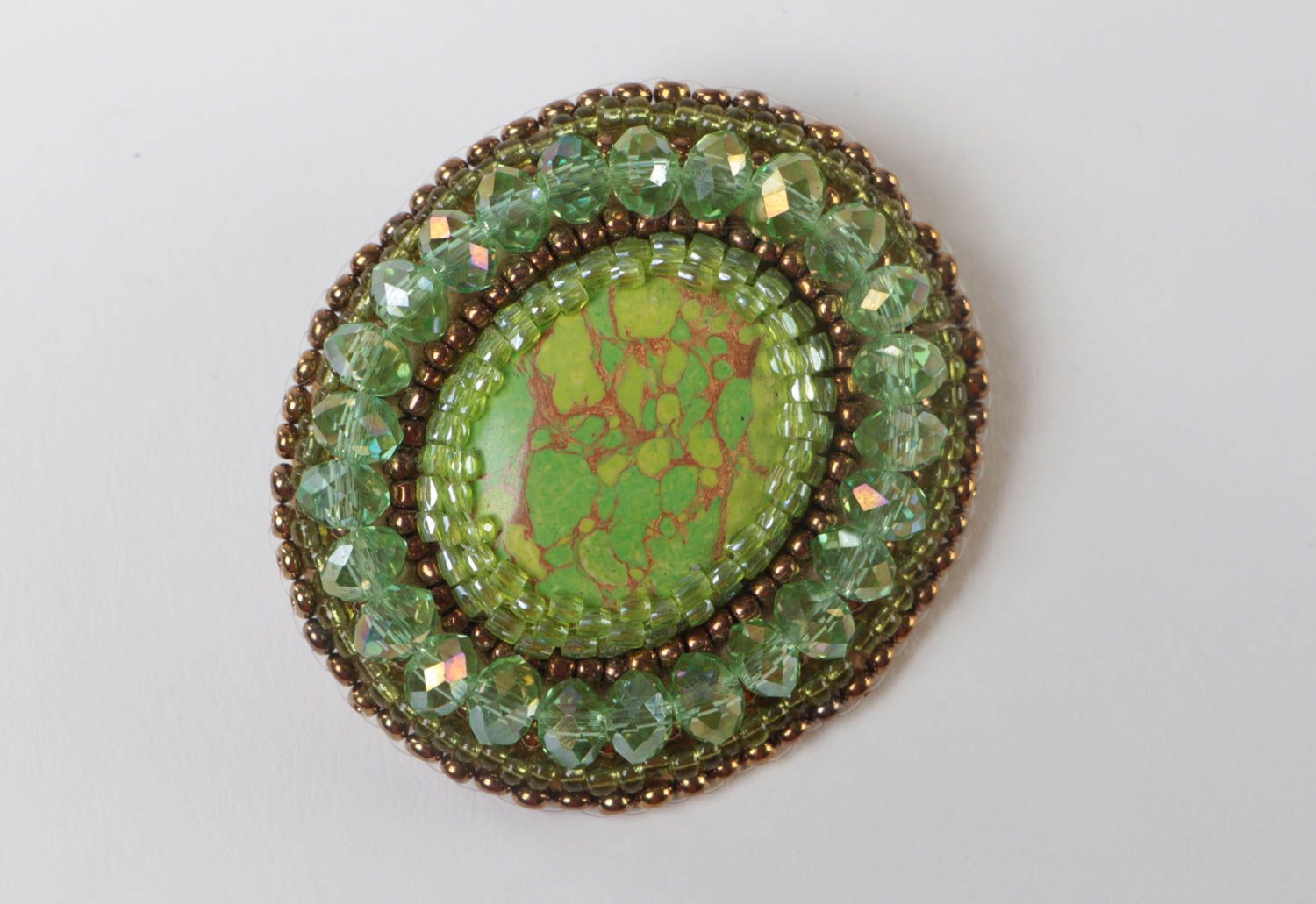 Green oval handmade beaded brooch with jasper on leather basis designer jewelry photo 2