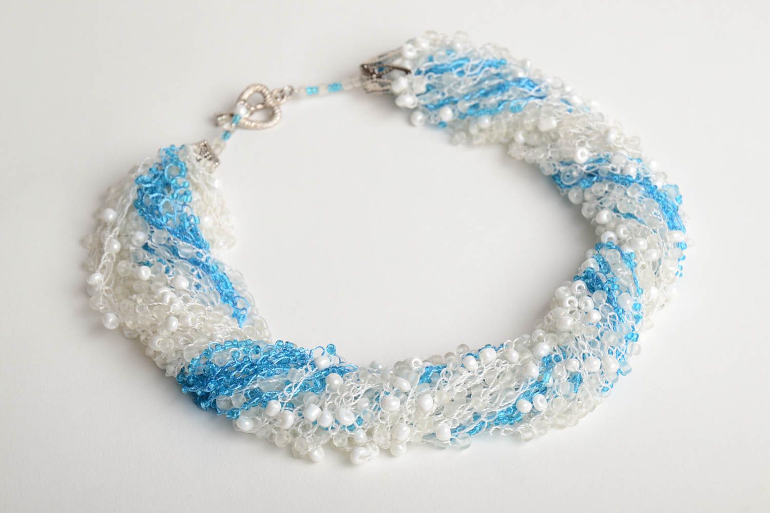 White and blue handmade multirow airy beaded necklace beautiful jewelry photo 3