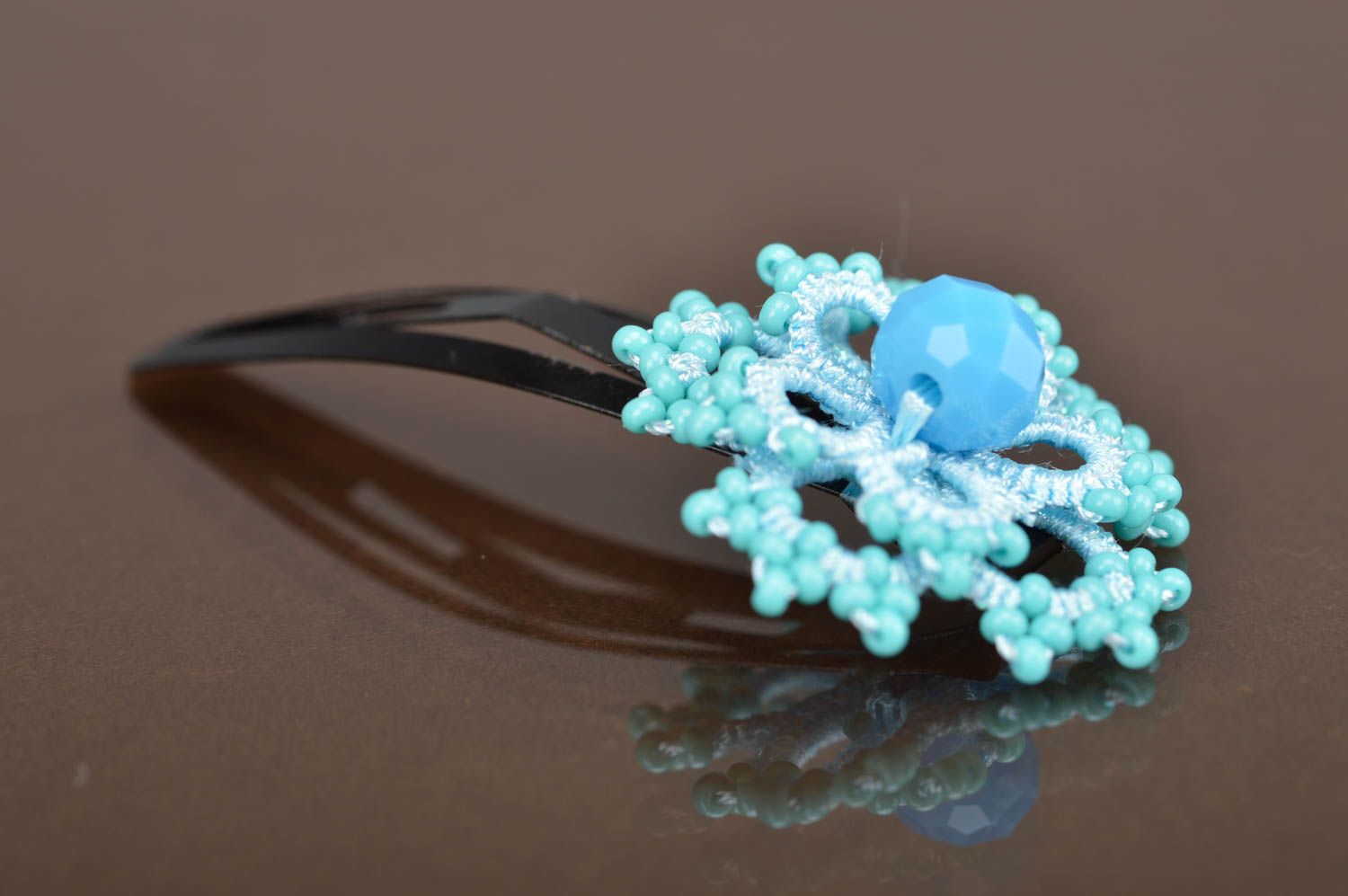Handmade decorative hair clip with blue flower tatted of threads with seed beads photo 2