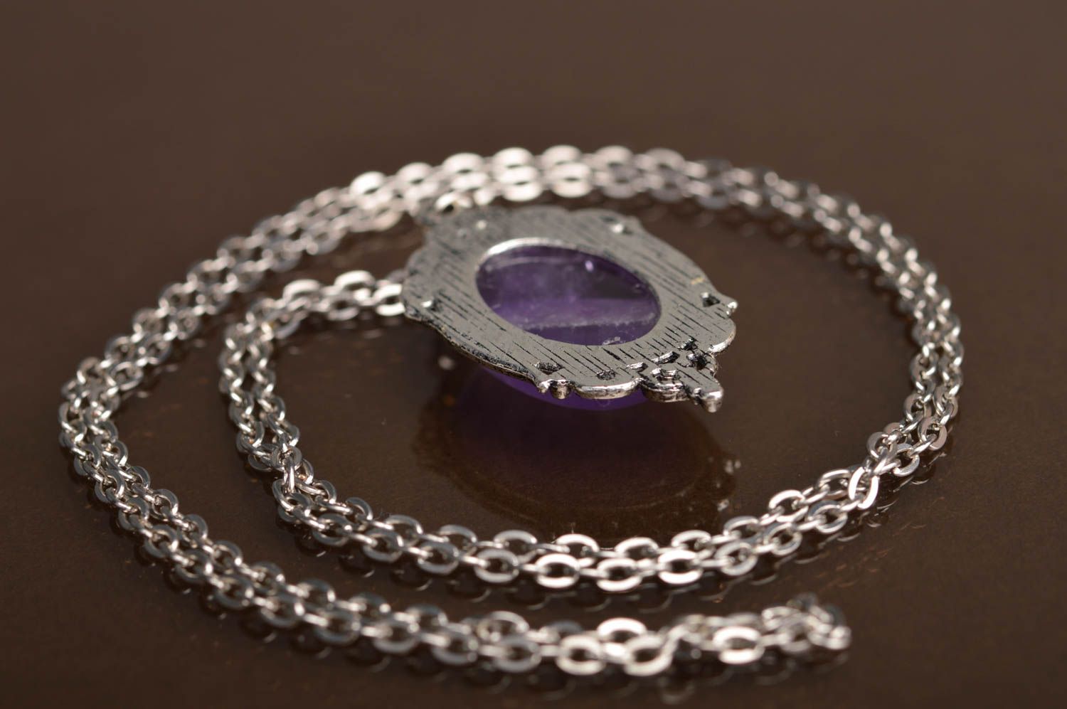 Beautiful women's homemade metal neck pendant with lilac stone and long chain photo 5