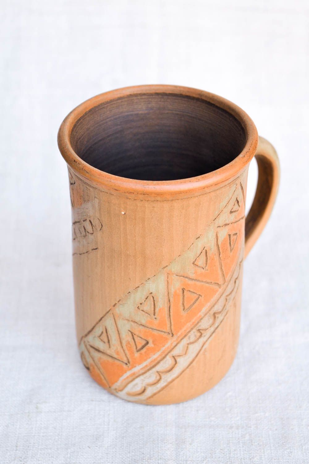 13 oz clay tall cup for tea in olive and brown color with handle  photo 5