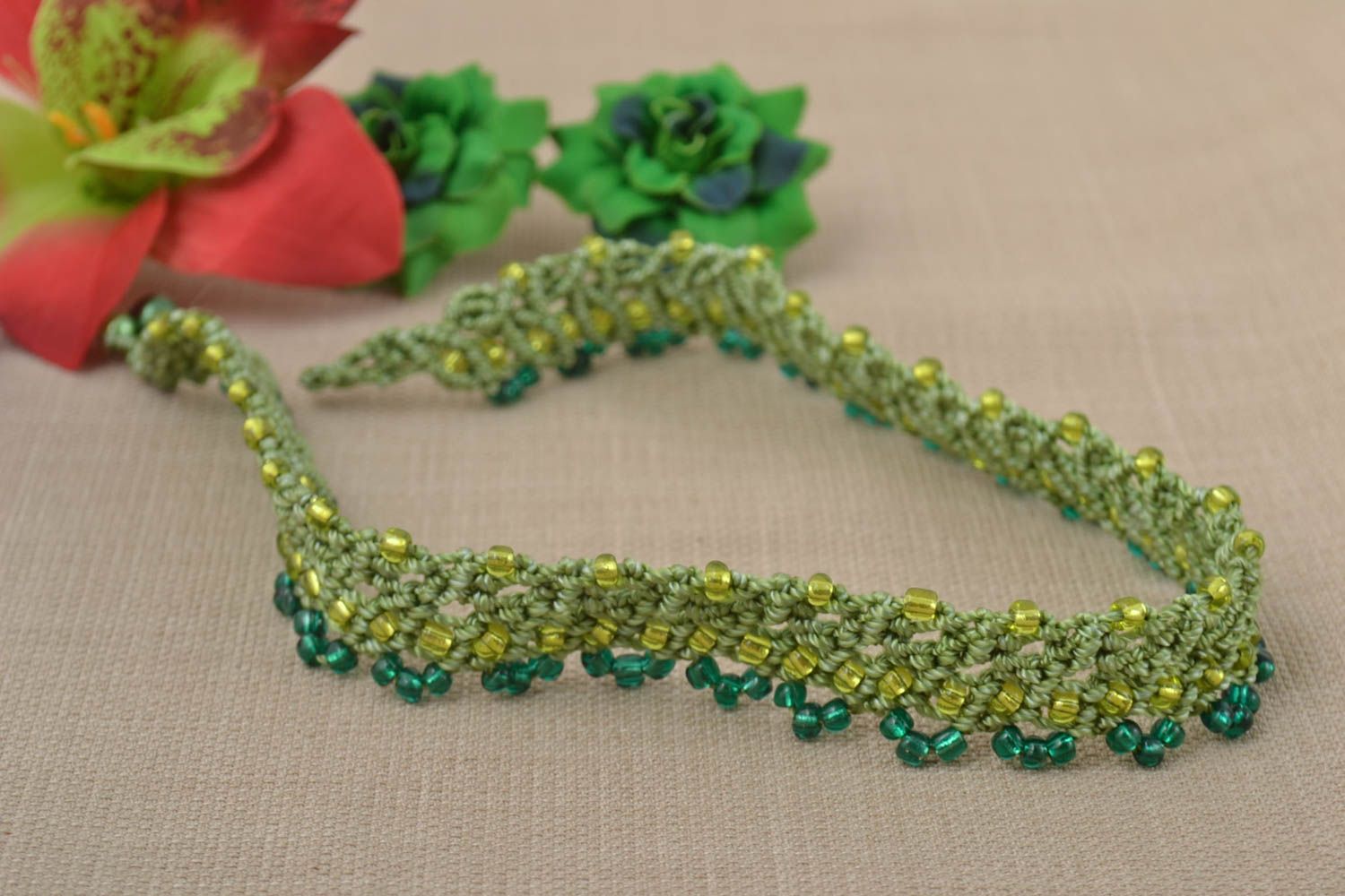 Handmade necklace macrame beaded accessories thread necklace braided jewelry photo 1