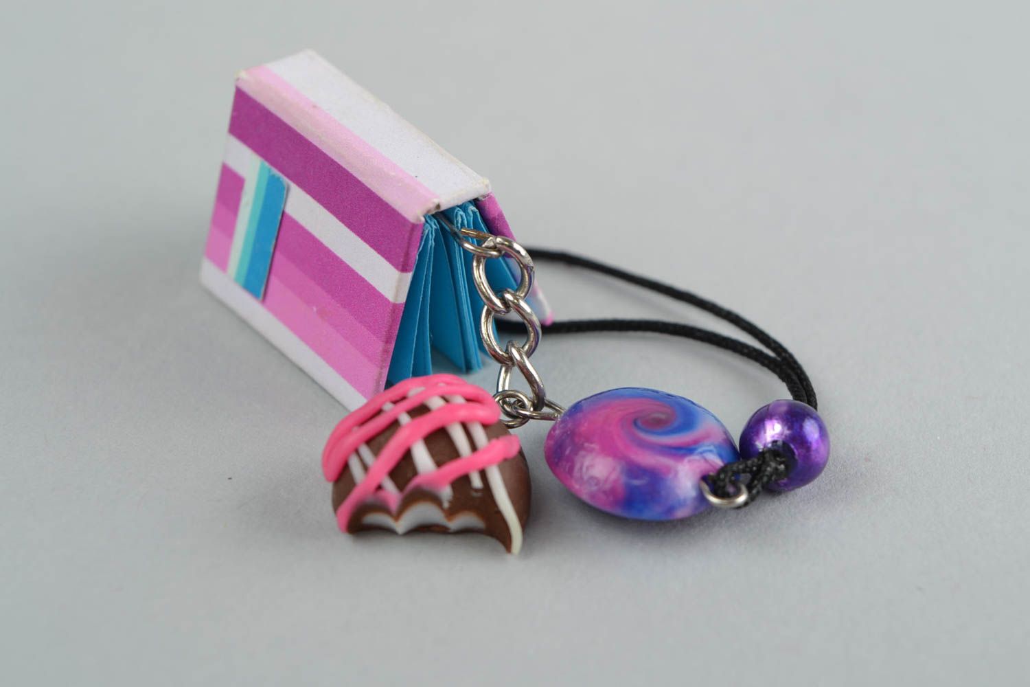 Designer keychain made of polymer clay in the form of book with cookie photo 4