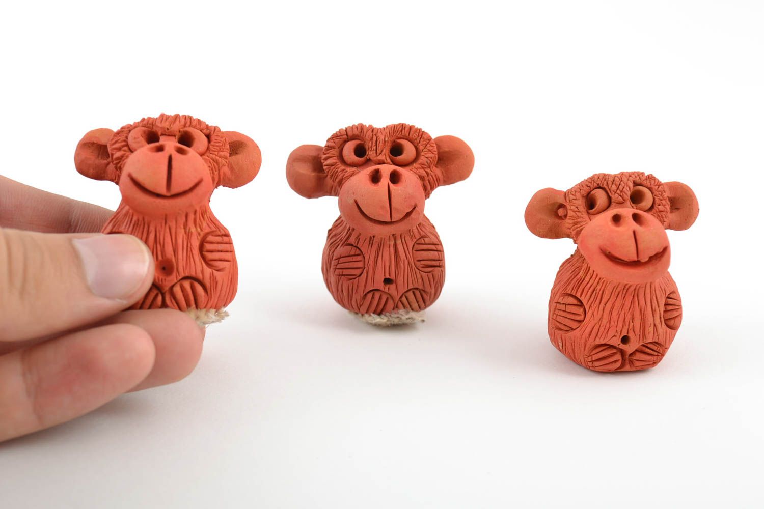 Set of 3 funny handmade brown ceramic collectible figurines of monkeys photo 2