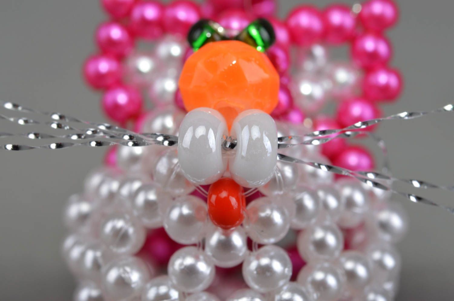 Handmade designer miniature animal figurine of pink white cat woven of beads  photo 5