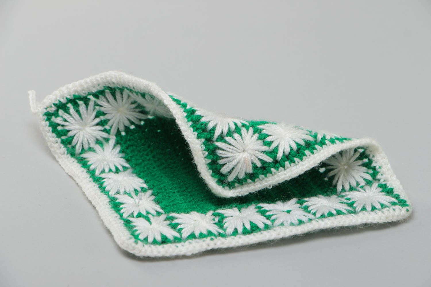 Handmade small square napkin crocheted of green and white acrylic threads photo 4