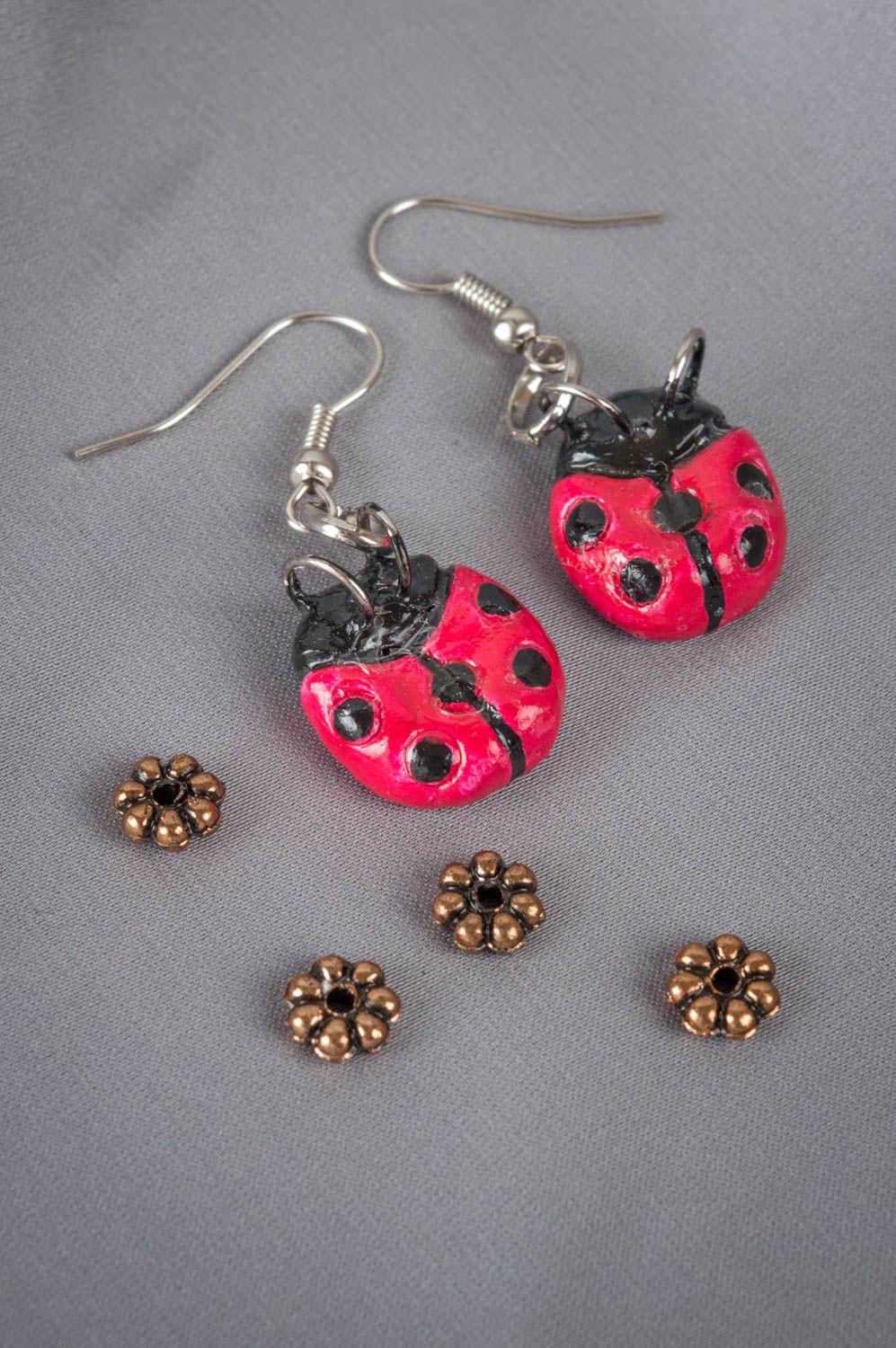 Designer clay earrings handmade ceramic accessories ladybug shaped jewelry photo 1
