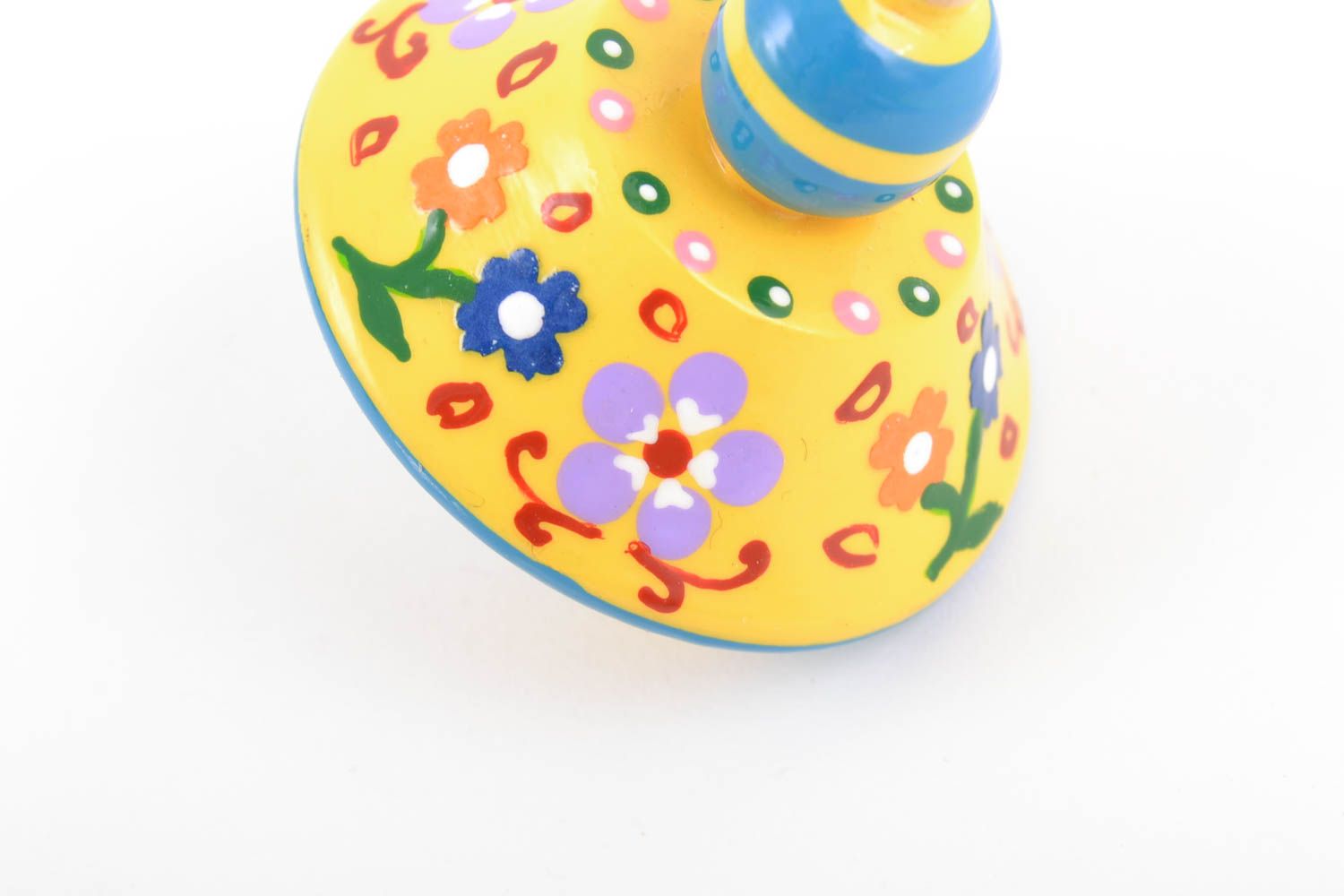 Bright yellow painted wooden spin top toy with beautiful pattern handmade  photo 5