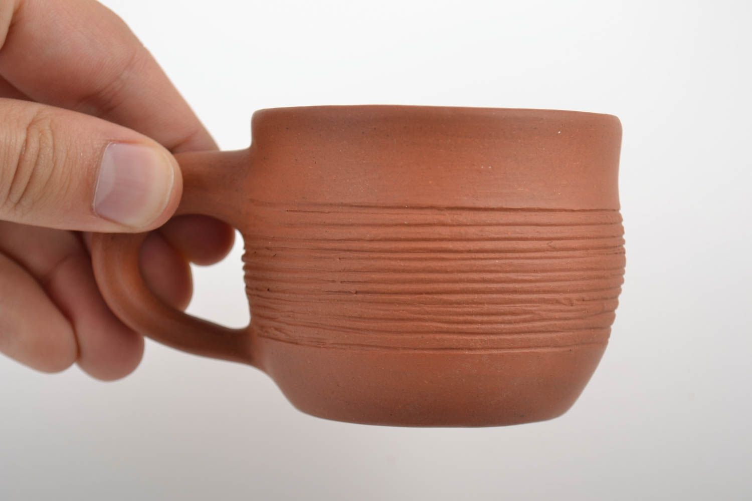 5 oz ceramic cup with handle and simple pattern in terracotta color photo 2
