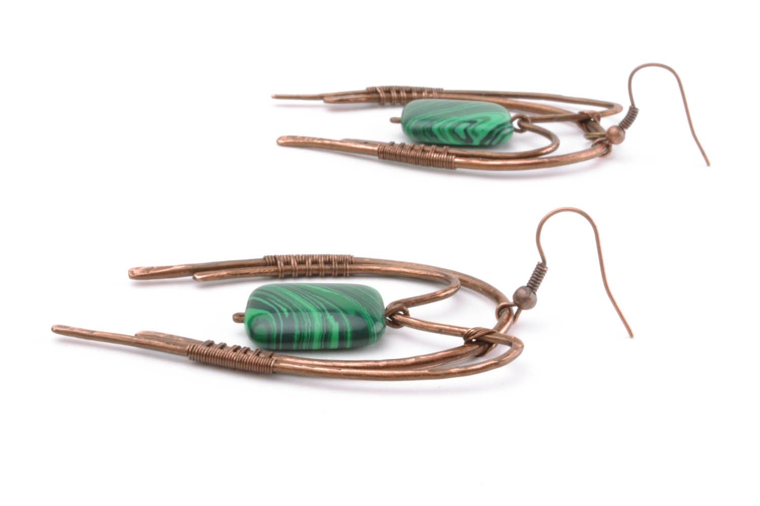 Large copper earrings with malachite stone photo 5