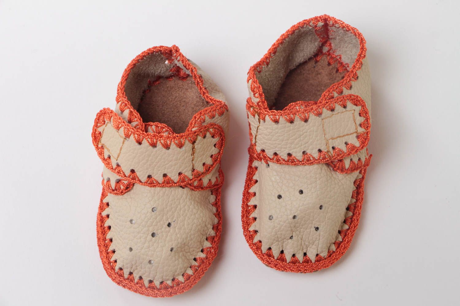 Handmade light soft leather baby shoes stitched with orange threads with velcro photo 2
