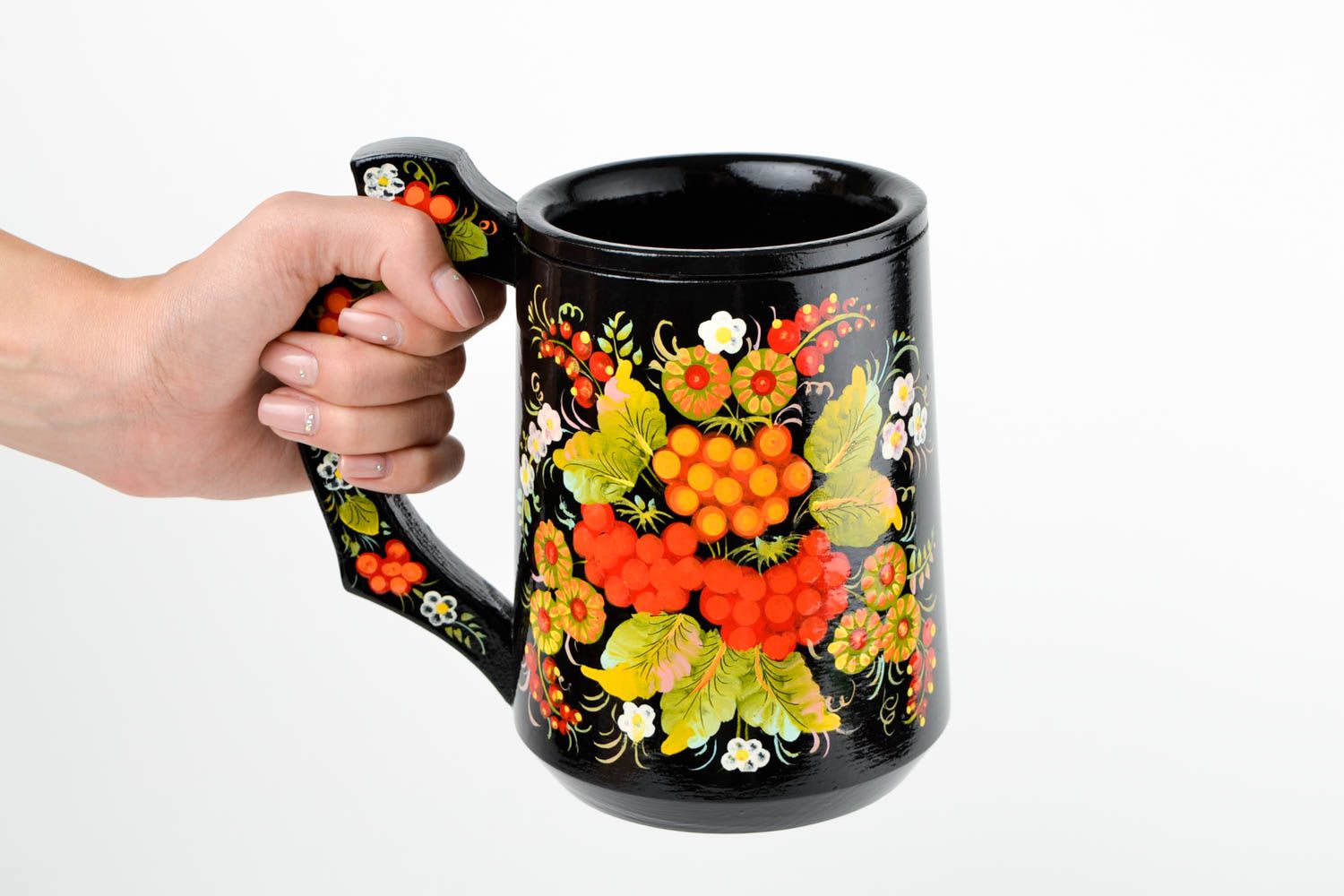 Tasse bois faite main Mug original noir motif fleur Vaisselle en bois décorative photo 2