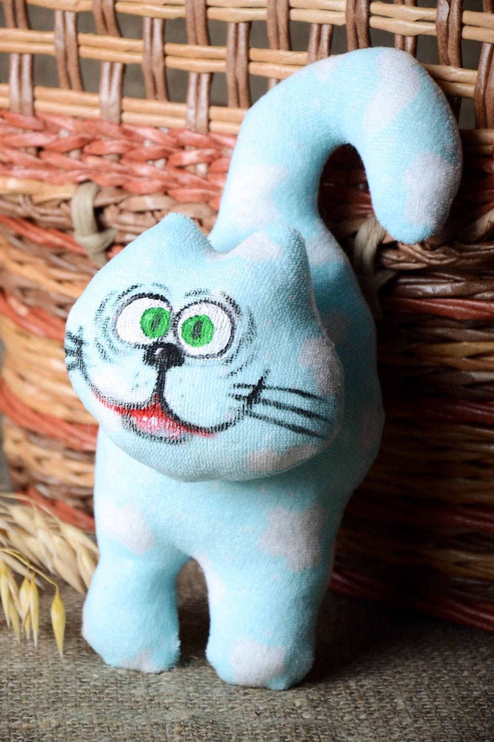 Katze Stofftier handgefertigt Kinder Geschenk Spielsache für Kinder in Blau foto 1