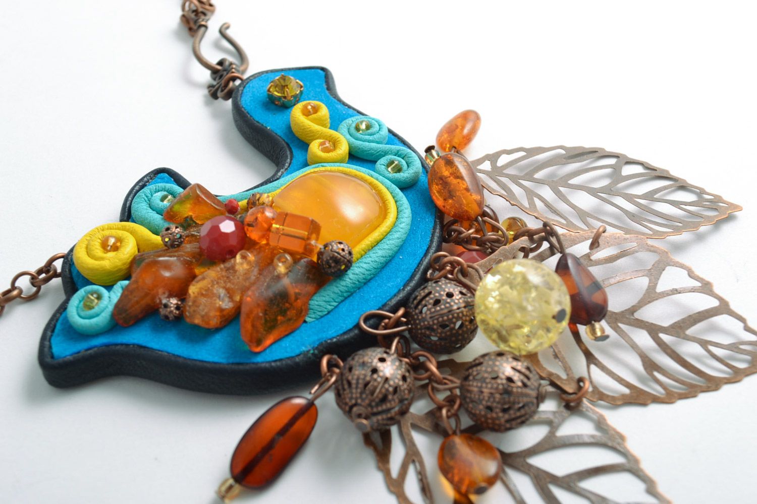 Handmade colorful necklace made of leather with natural gems in the form of a bird  photo 3