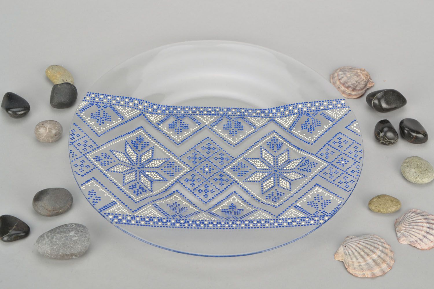 Стеклянная расписная тарелка Голубой орнамент фото 1