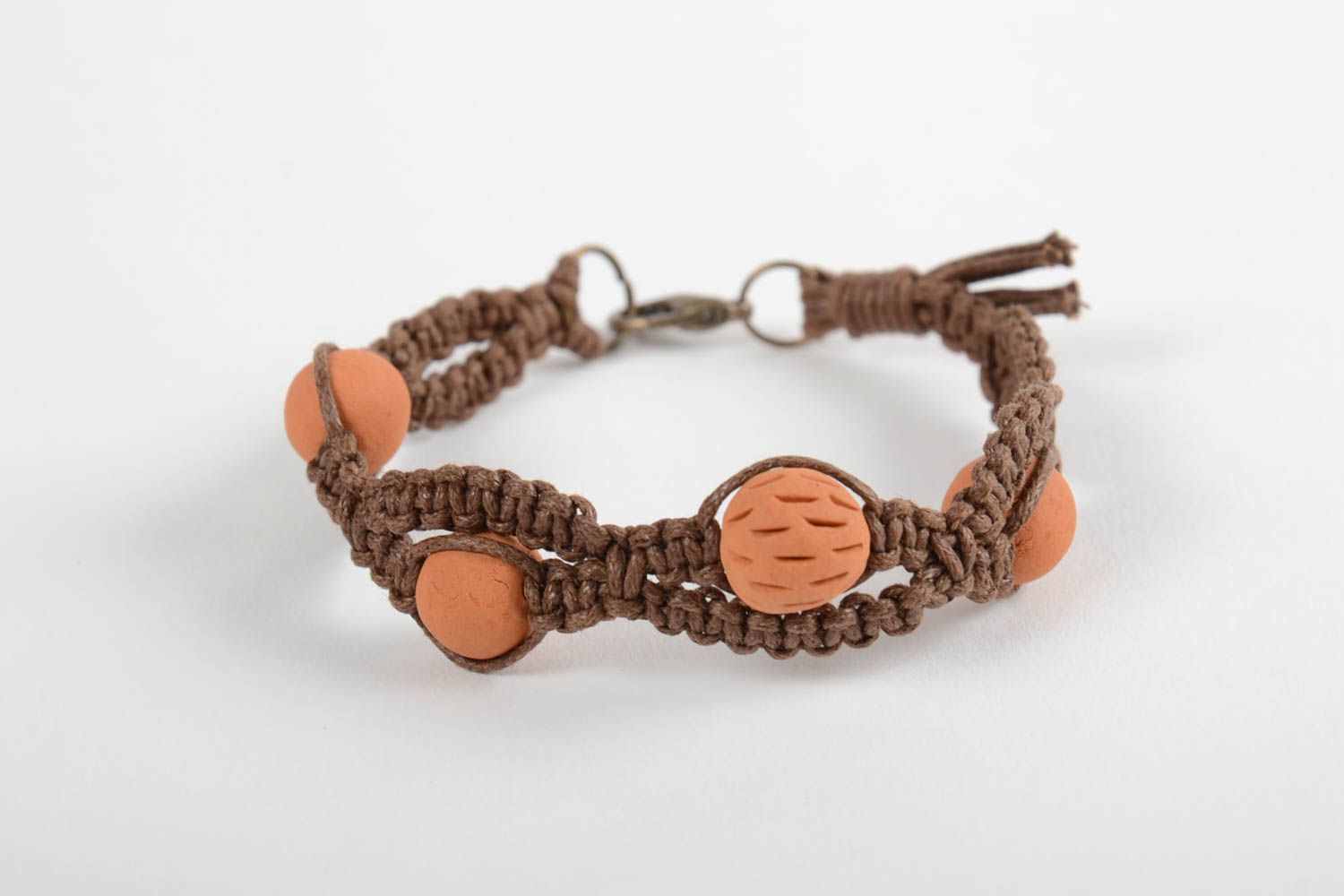 Unusual handmade ceramic bead bracelet woven wrist bracelet designer jewelry photo 1