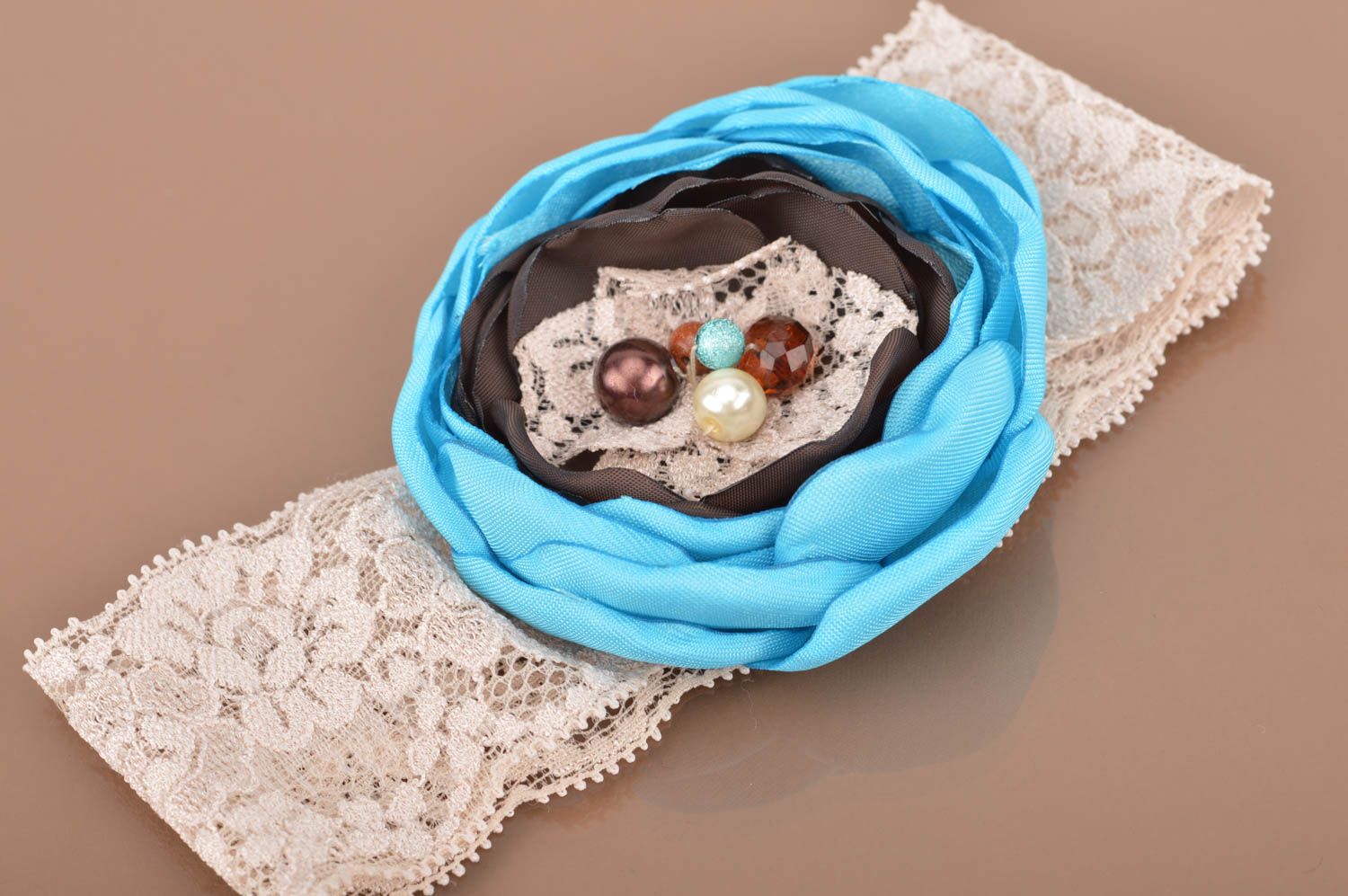 Handmade headband with flower made using kanzashi technique on elastic band photo 2