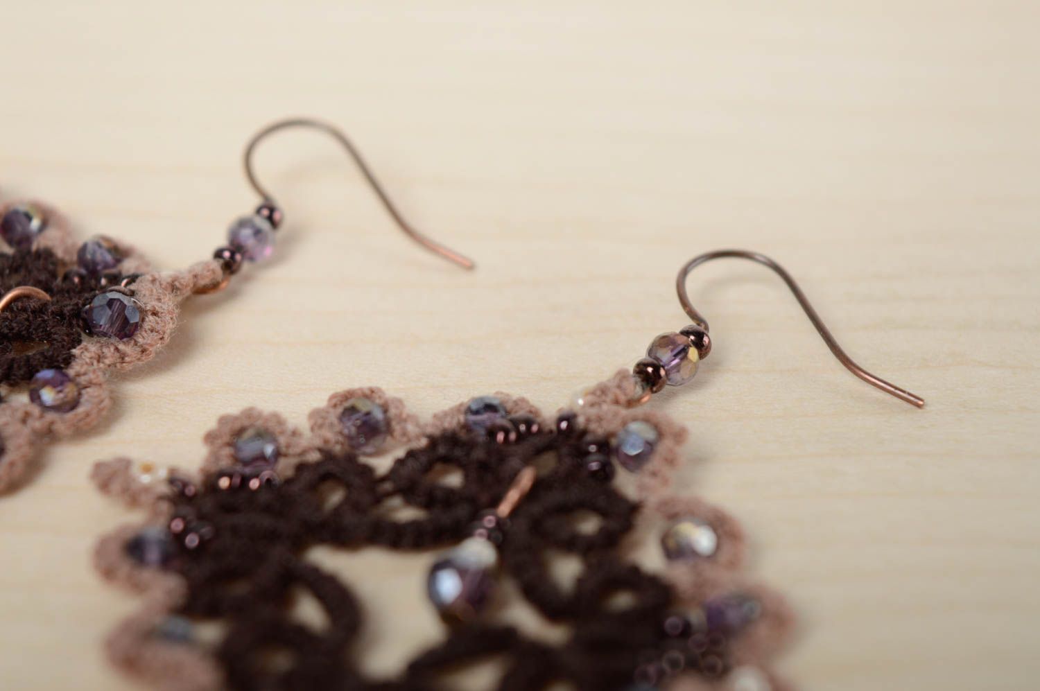 Handmade crochet earrings Brown Rhombus photo 5