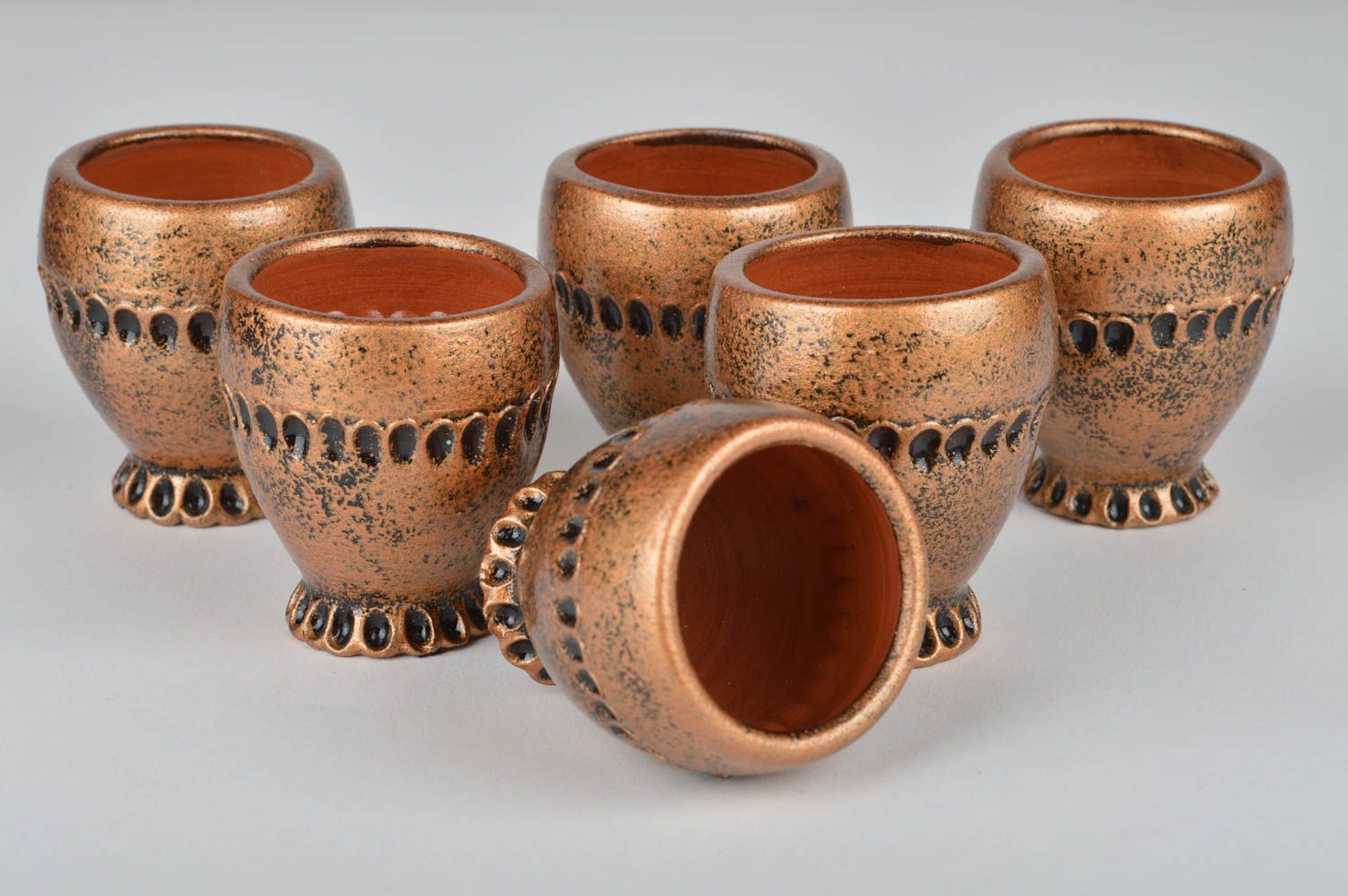 Set of 6 handmade decorative ornamented ceramic painted shot glasses bronze photo 2