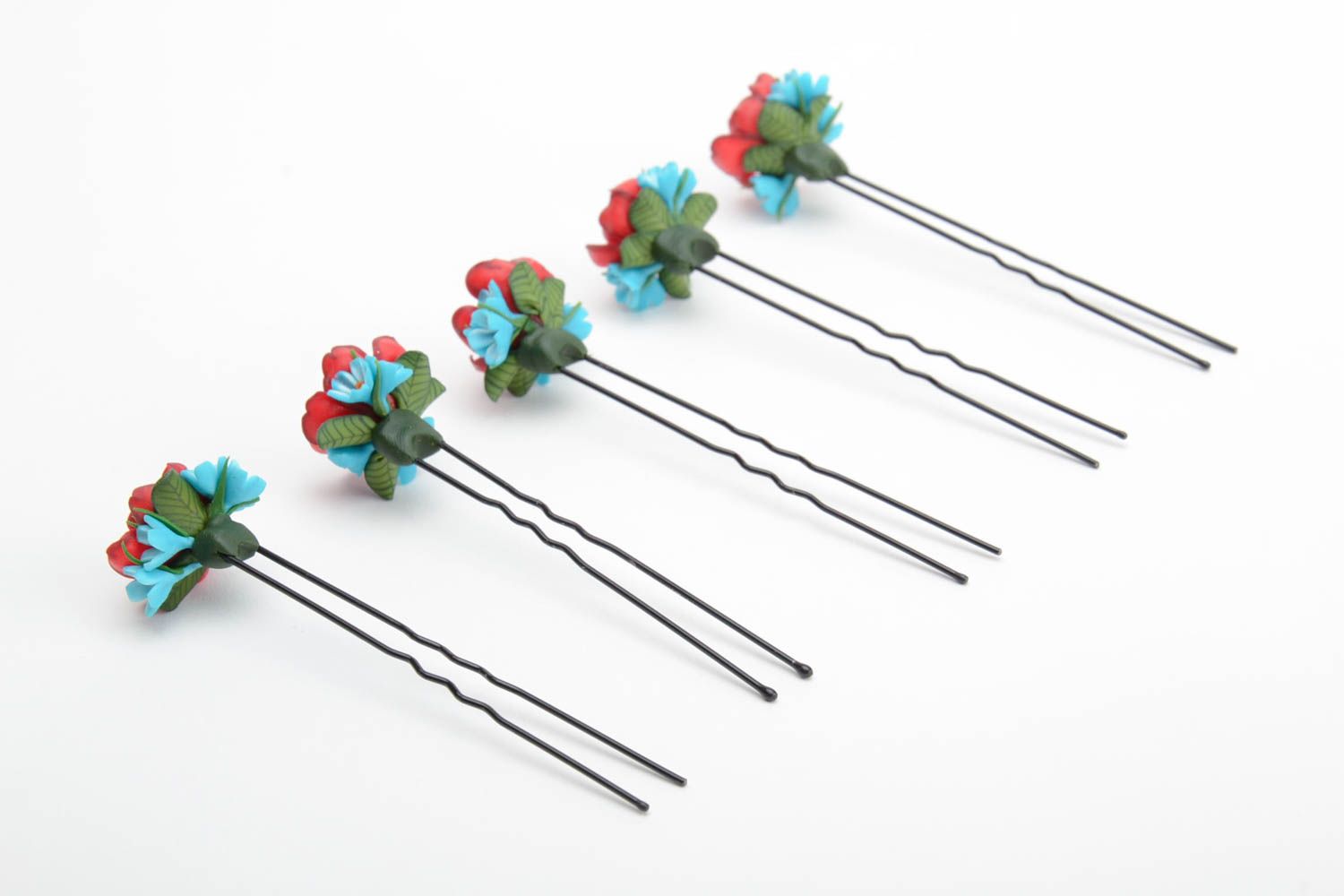 Set of 5 handmade decorative hair pins with polymer clay red and blue flowers photo 4
