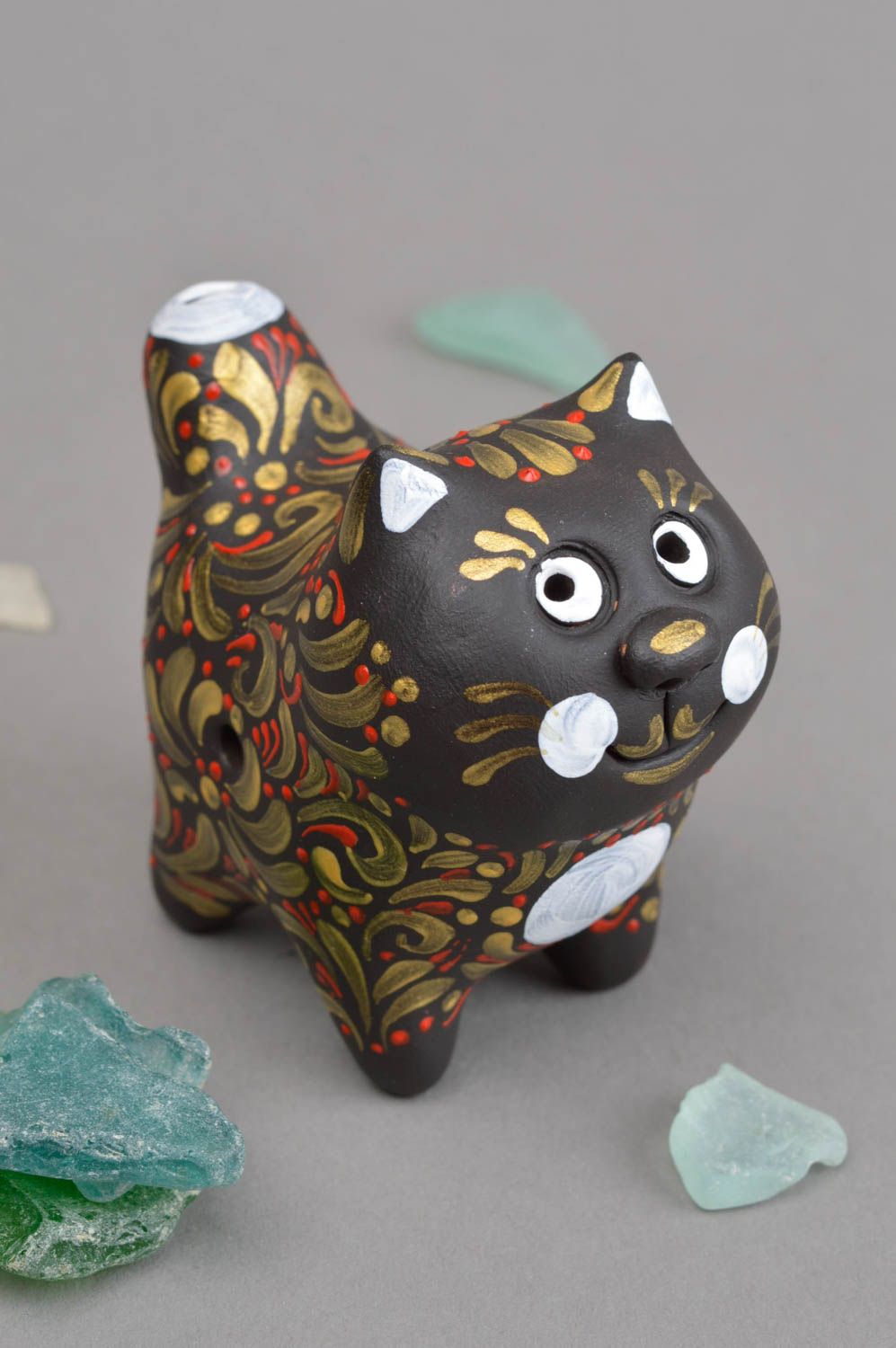 Sifflet en terre cuite fait main Sifflet original chat peint Cadeau pour enfant photo 1