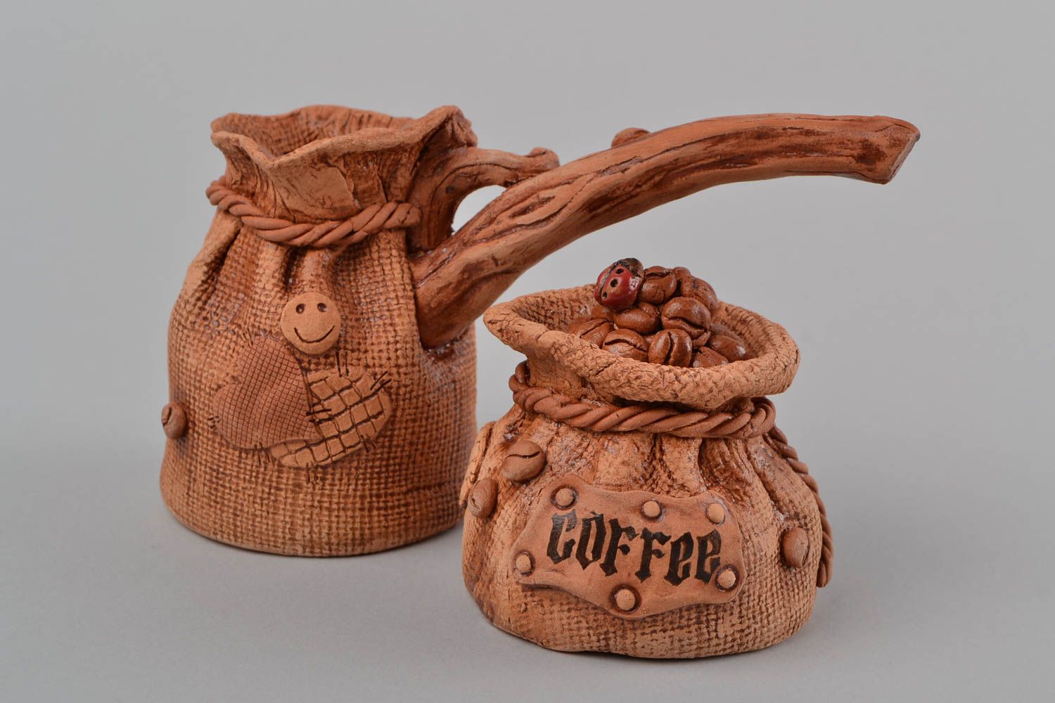  Clay brow decorative pottery set in 7 pieces - three espresso cups, coffee turk, sugar, and salt jars photo 2