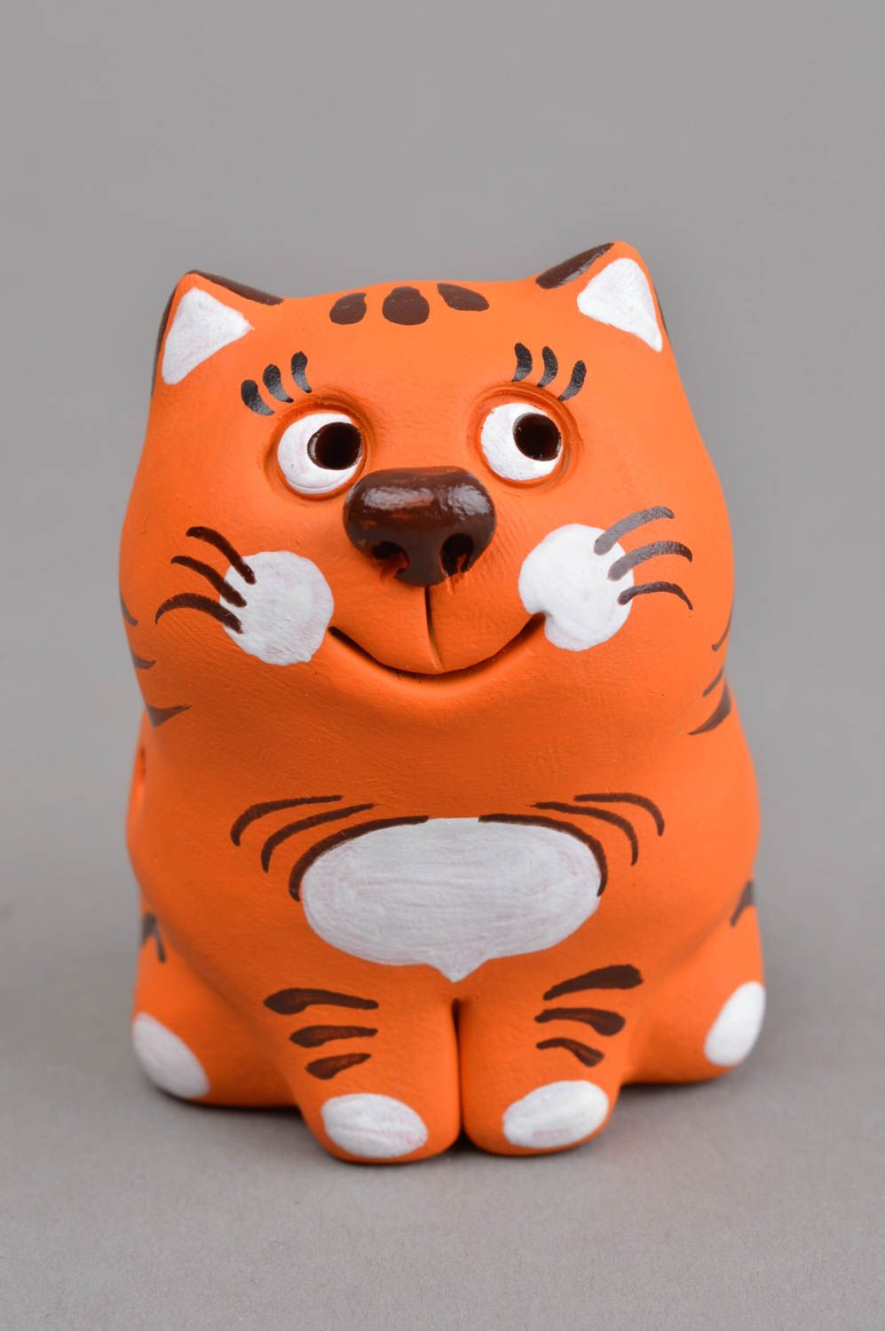 Sifflet jouet fait main Instrument de musique Figurine chat roux en argile photo 3