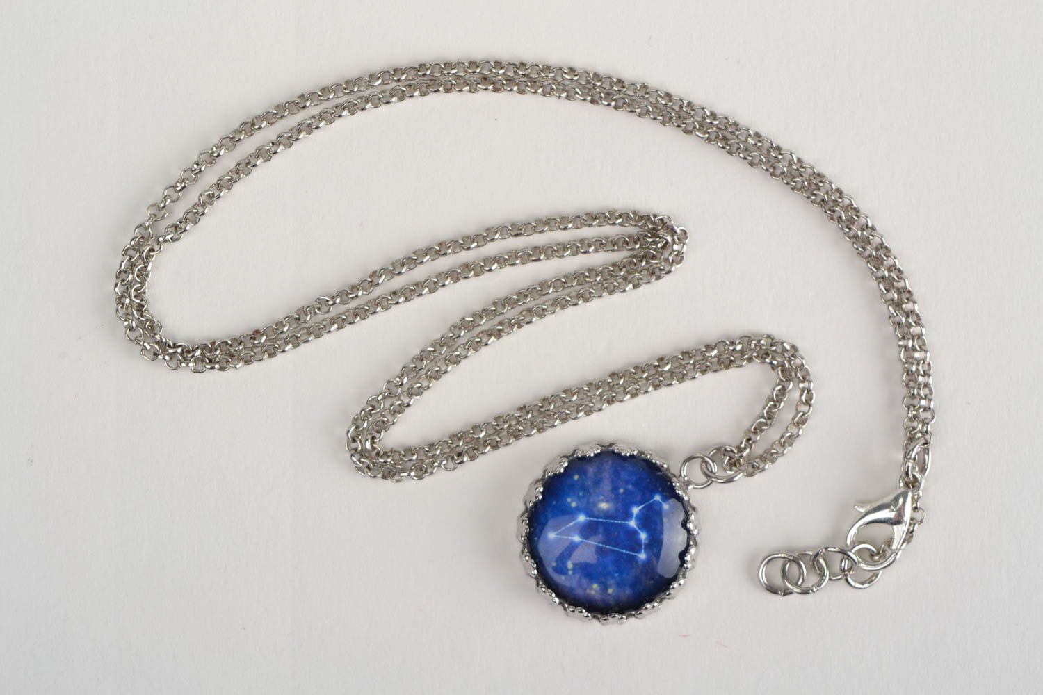 Handmade designer glass pendant on long metal chain with Zodiac sign Leo photo 3