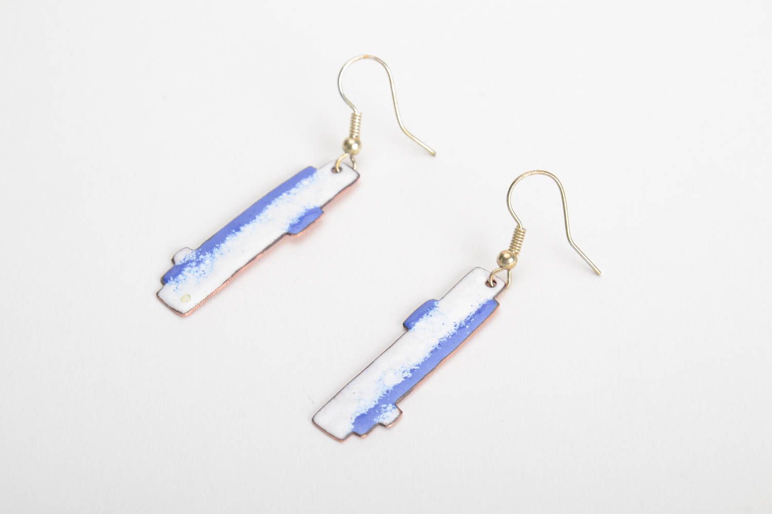 Handmade long copper earrings with hot enamel painting white with blue photo 2
