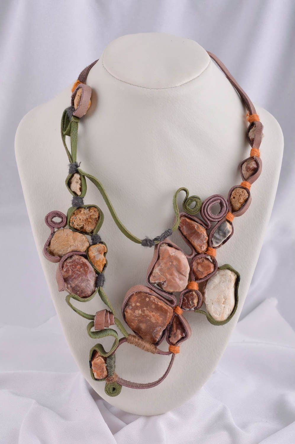 Handmade necklace with stones leather necklace designer jewelry vintage jewelry photo 1